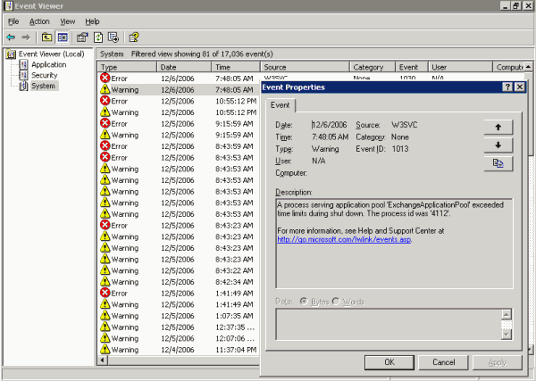 Application Log, Event ID: 1013, Source: W3SVC, A process serving application pool 'ExchangeApplicationPool' exceeded time limits during shut down. The process id was ####.